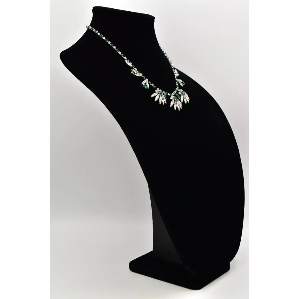 Vintage Crystal Collar Necklace Green Marquise Floral Prong Rhinestone BinBL